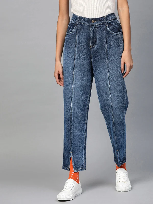 Blue High Waist Front Slit Jeans