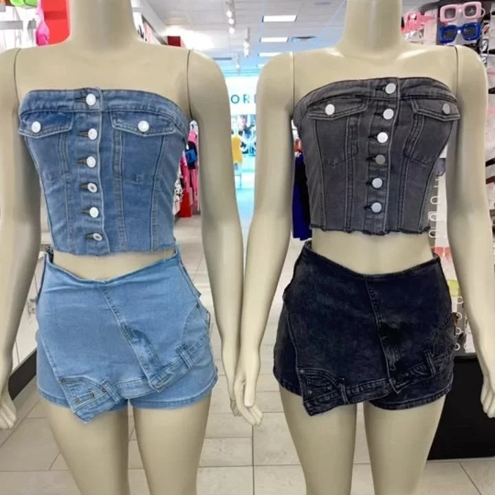 Denim Jean Outfit Set 2023 Button Down Jean Top with Denim Skorts for Ladies 2 Piece Denim Jean Set Women Two Piece