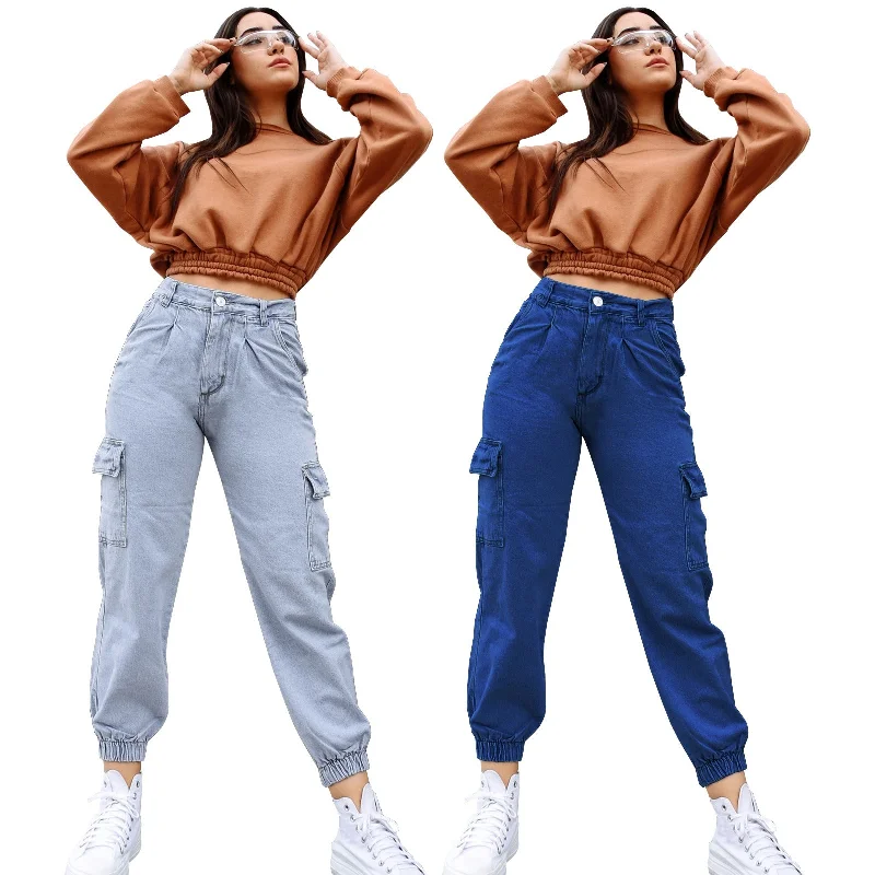 Fashion Latest Design Clothes Blue Ladies Jean Trousers Cotton Streetwear Slim Fit Denim Cargo Jeans Pants For Women 2023