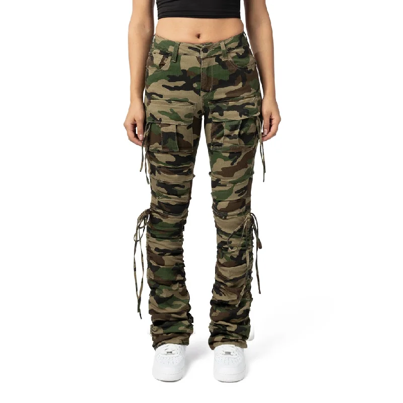 High Rise Bootcut Strap Twill Pants - Wood Camo