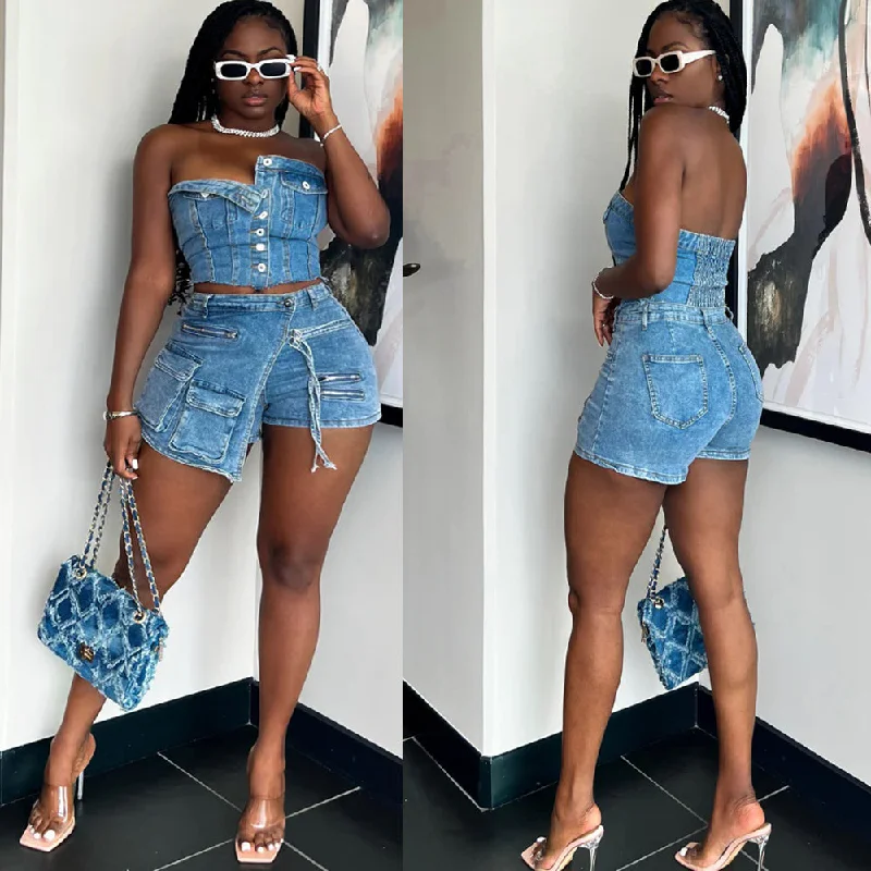 Ladies 2023 Trending Jeans Shorts Two Piece Outfits Stretch Jean Tube Top with Denim Cargo Skorts 2 Piece Set for Women