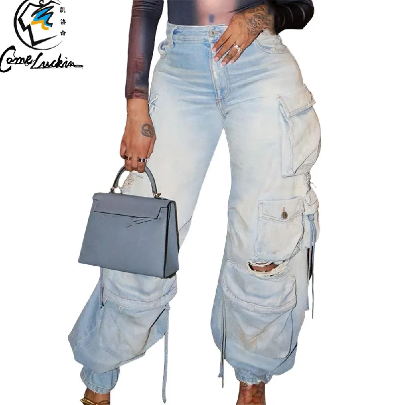 Latest design jeans pants for women casual cargo jeans trousers fashion denim pants