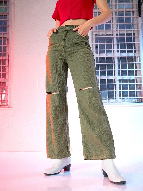 Olive Wide Leg Mid Rise Knee-Slit Jeans