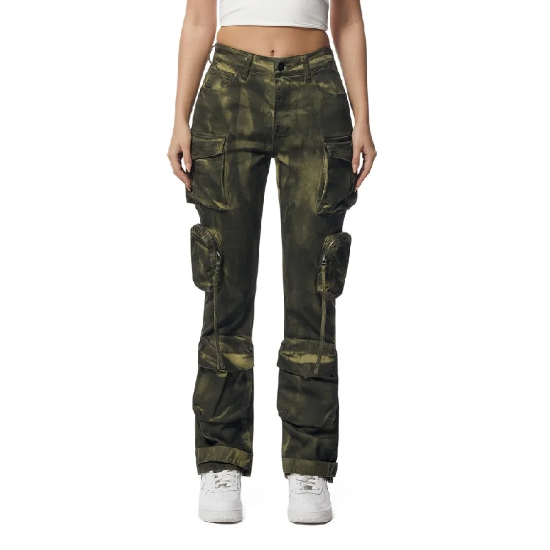 High Rise Straight Leg Pigment Dyed Utility Twill Pants - Clover Green