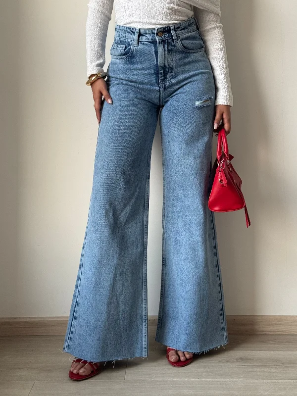 Raw Rip Stone Blue Wide Leg Jeans