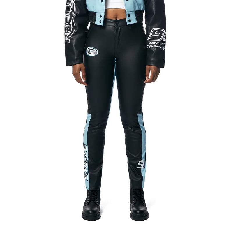 High Rise Vegan Leather Racing Pants - Blue