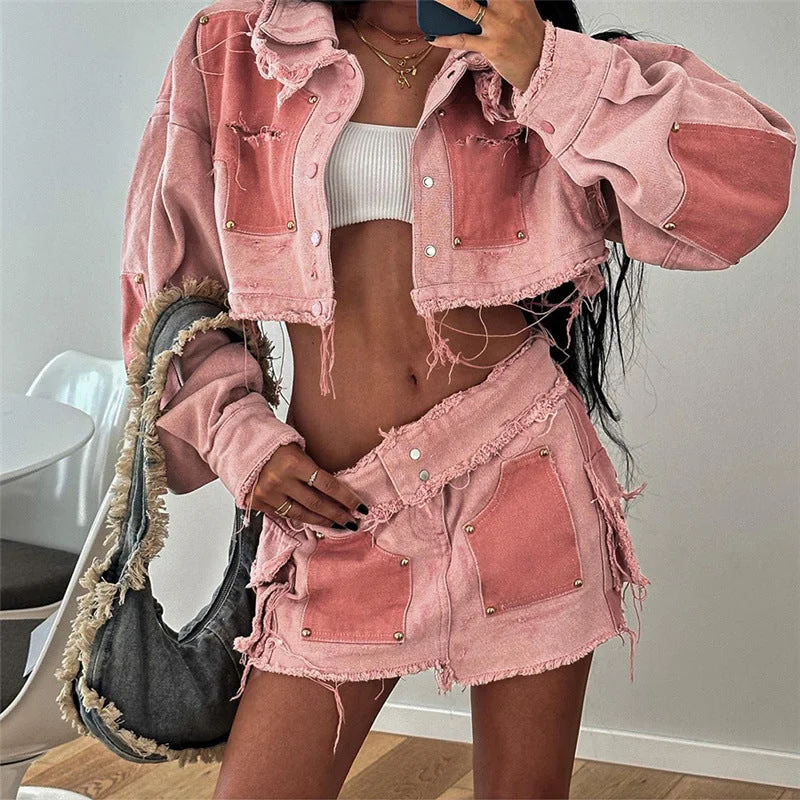 W22s34163 Patchwork Crop Jacket And Mini Skirt Pink Denim Jeans Streetwear Loungewear 2 Piece Set Fall 2024 Women Clothes