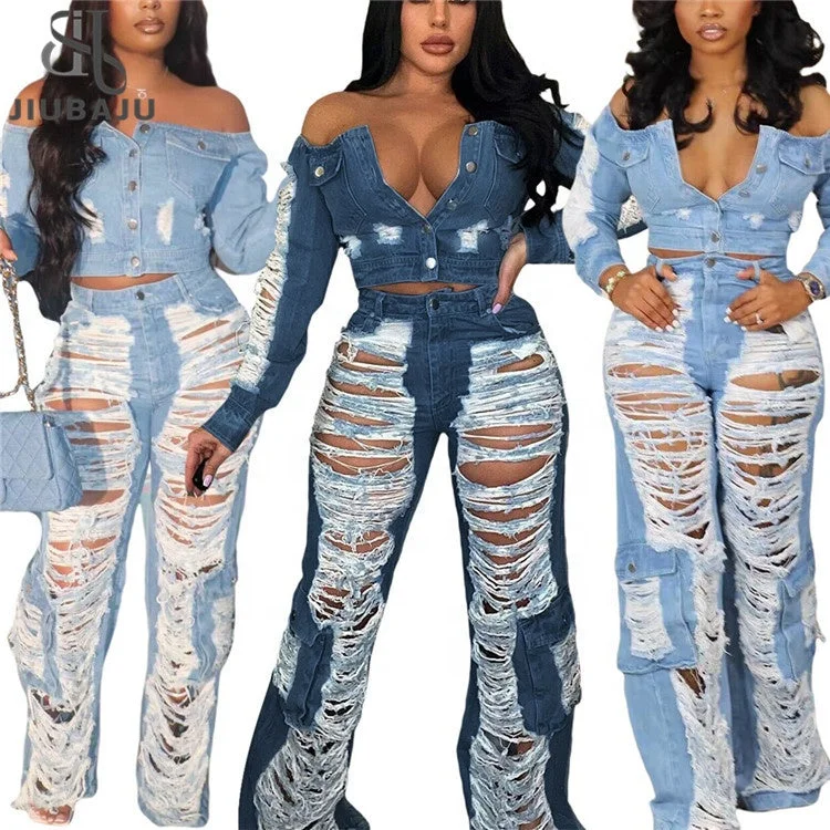 Women Distressed Ripped Jeans Y2K Streetwear Fashion Cutout Tassel Hollow Out Wide Leg Straight Pants