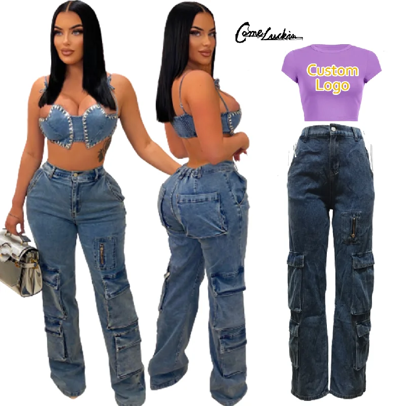 Women's Pants & Trousers Solid Jeans Denim Cargo Pants Ladies Jeans Cargo Women Jeans Trousers With Pockets