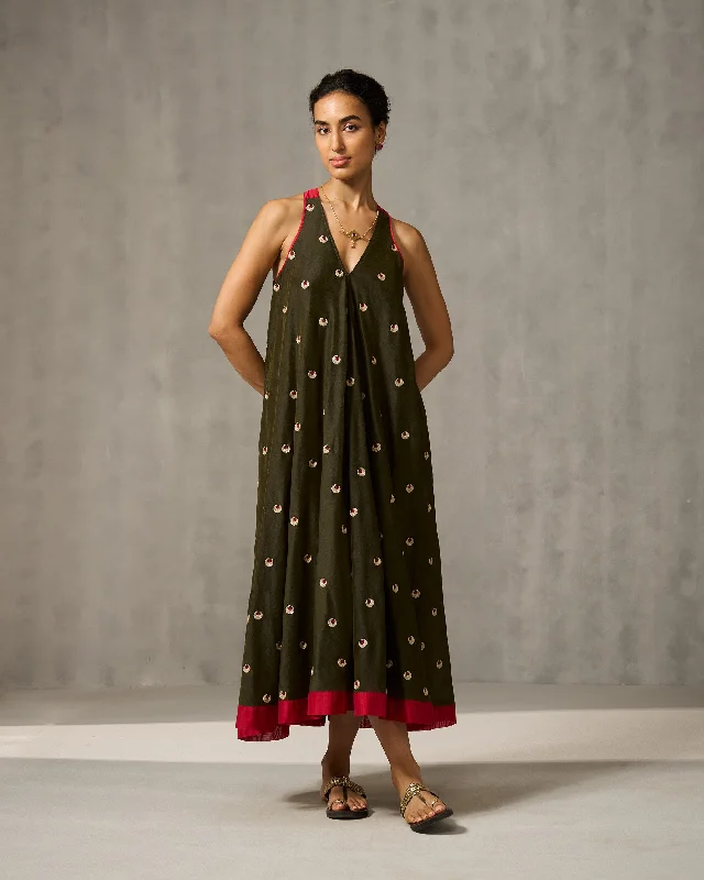 Akira Twist Back Dress - Green & Gold Embroidered