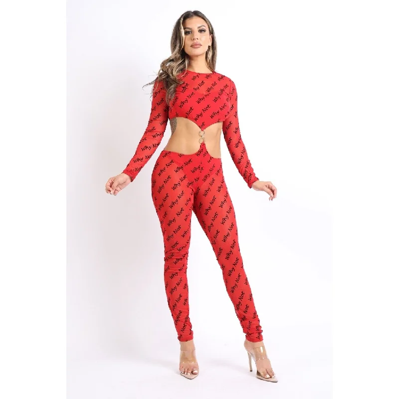 Lettering Printed Cutout Double ORing Mesh Sexy Jumpsuit Red