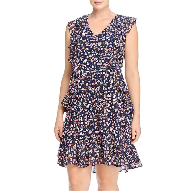 Michael Kors Womens Floral Ruffle Fit & Flare Dress, Blue, X-Small