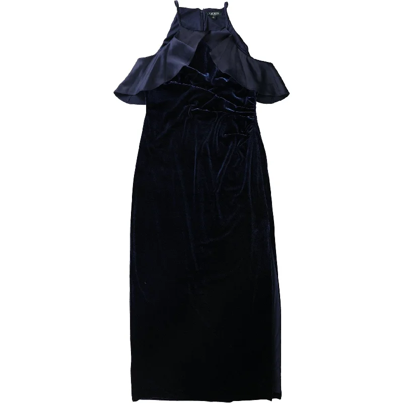 Ralph Lauren Womens Ruffled Velvet Halter Gown Dress