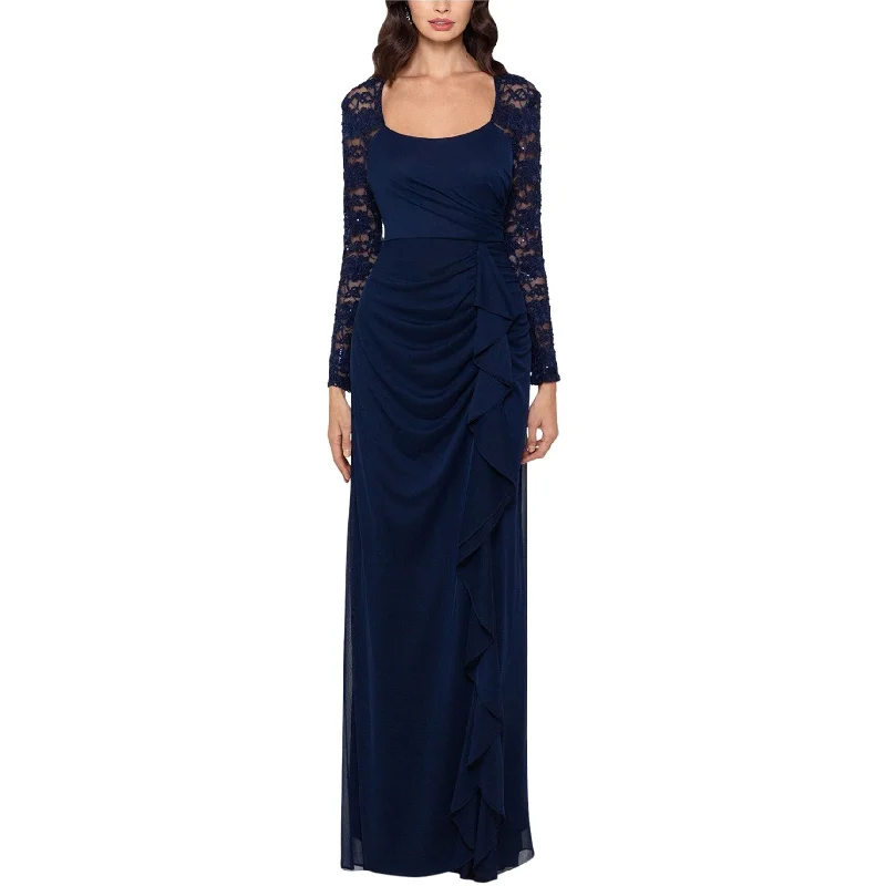 Xscape Womens Lace-Sleeve Side-Ruching Gown Dress