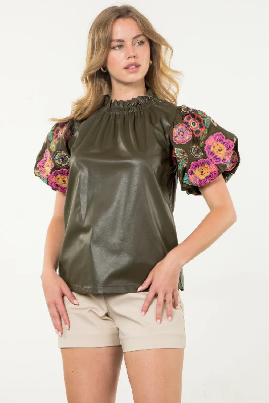 Embroidered Puff Sleeve Leather Top