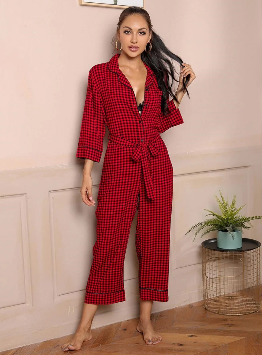 FASHION LONG-SLEEVED V-NECK PLAID JUMPSUIT