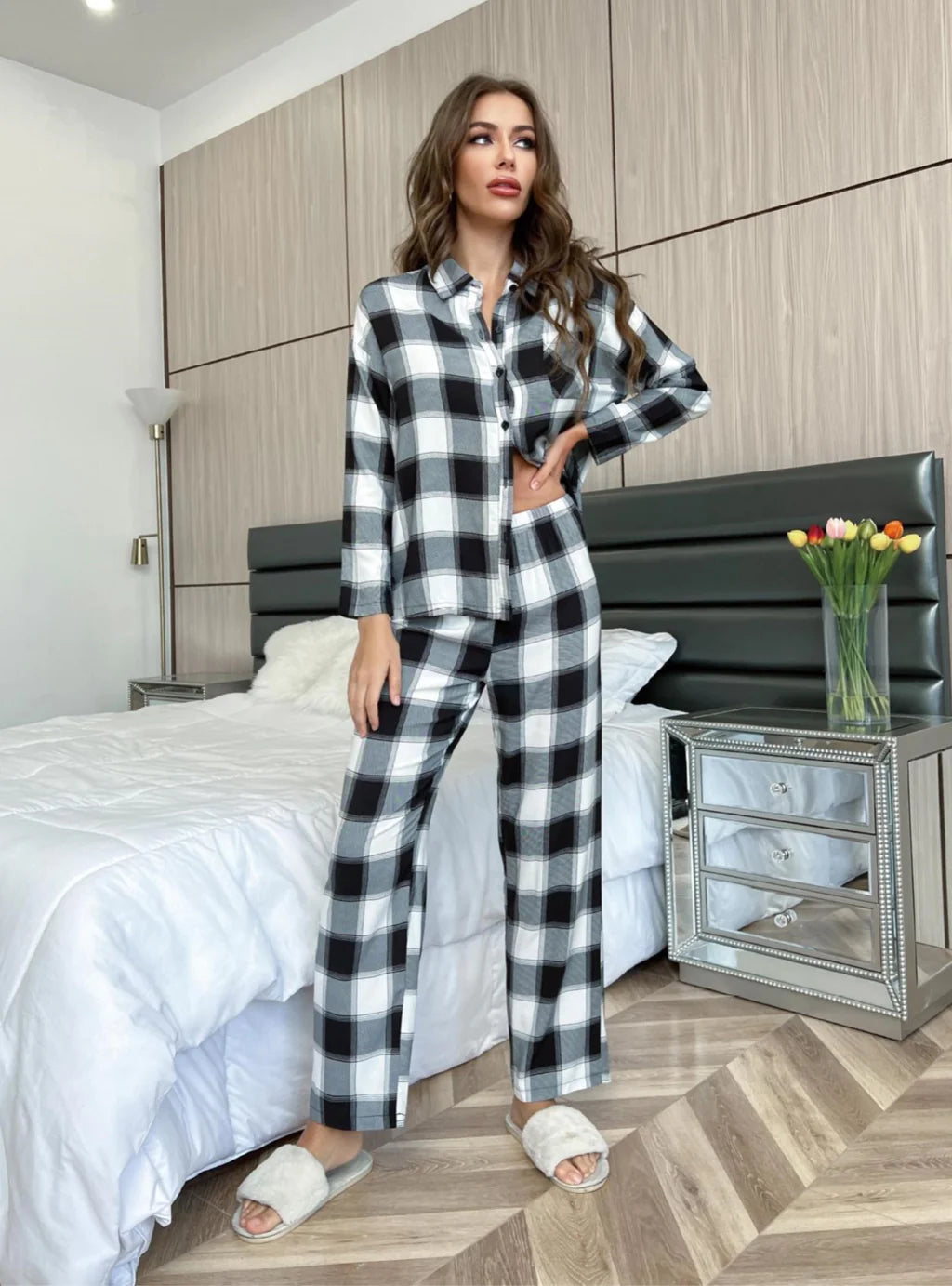 FASHION PLAID LONG SLEEVE SUIT PAJAMAS