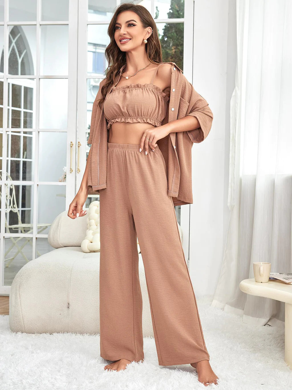 FASHION SOLID COLOR PAJAMAS THREE-PIECE SUIT