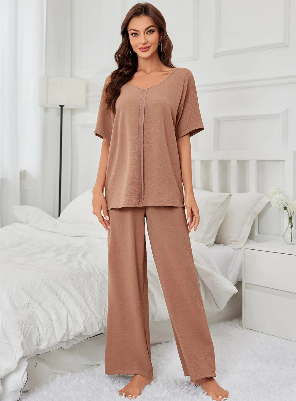 FASHION SOLID COLOR SHORT-SLEEVED PAJAMAS TWO-PIECE SUIT