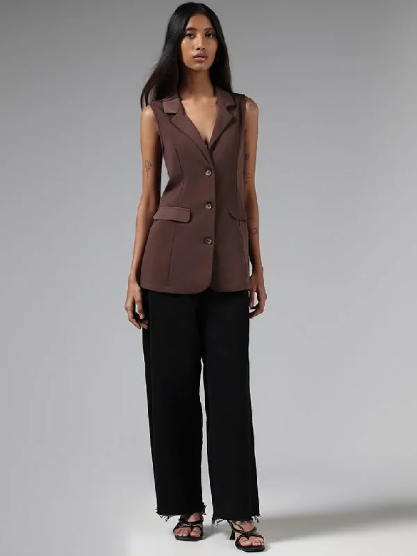 Nuon Solid Brown Sleeveless Blazer