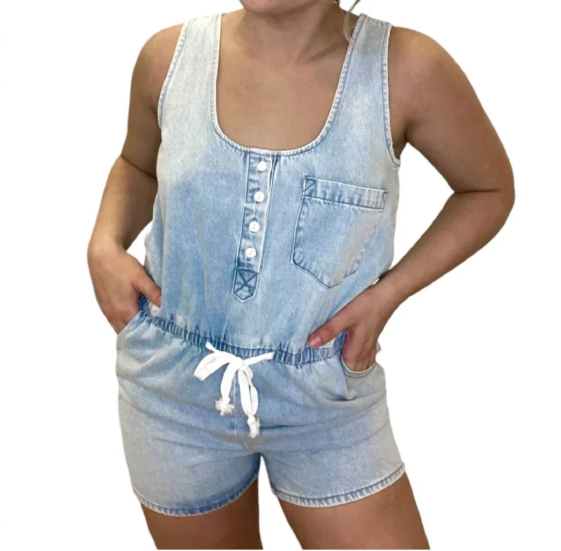 Down The Boardwalk Romper In Light Wash Denim