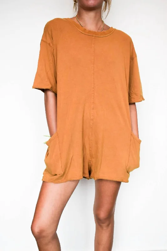 Open Back Vintage Wash Romper In Camel