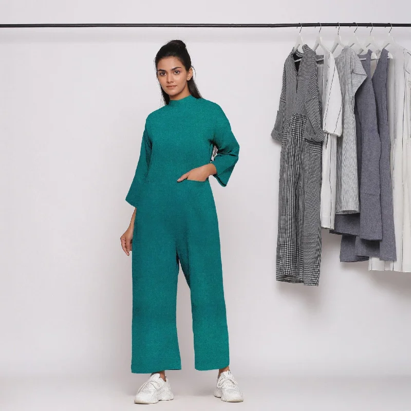 Pine Green Cotton Linen Comfort Fit High Neck Jumpsuit