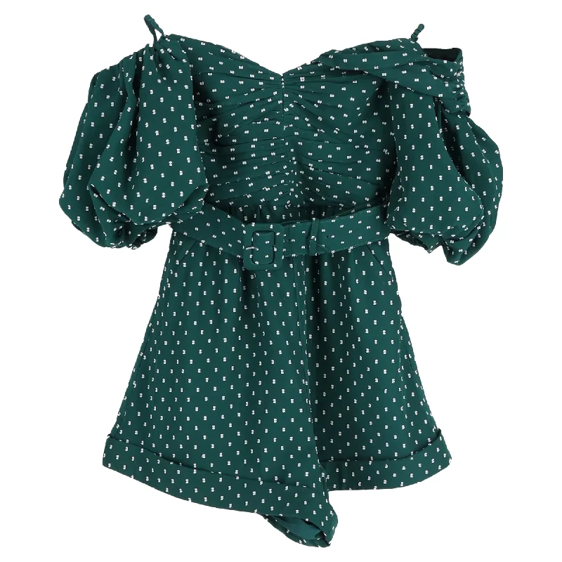 Self-Portrait Polka Dot One-shoulder Belted Fil Coupé Romper in Green Polyester