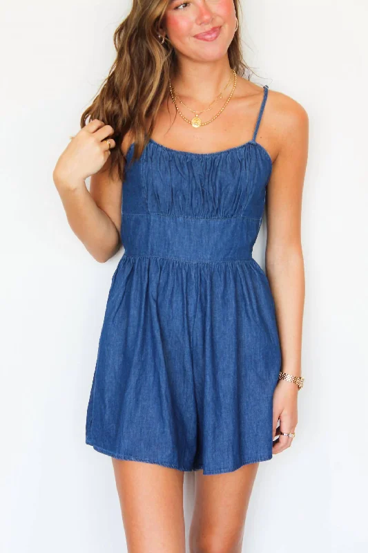 Smocked Denim Romper In Blue